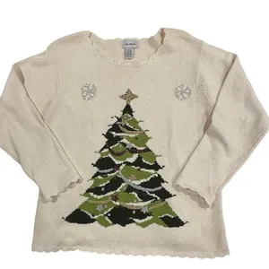 Vintage cream Christmas tree Grannycore coastal grandma scallop neck sweater 🎄 thumbnail 1