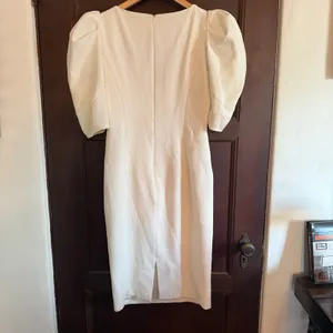 BARDOT | Fergie Textured Cream White Puff Sleeve Midi Sheath Dress | Medium thumbnail 6