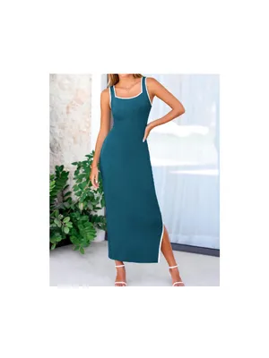 Sleeveless Teal Bodycon Maxi Dress with Side Slit thumbnail 2