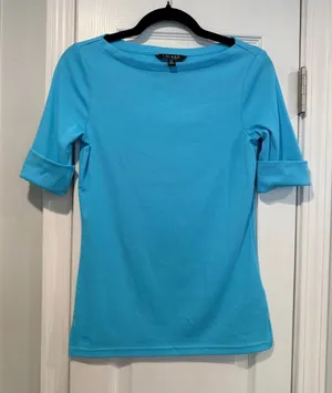 NWOT LRL Lauren Ralph Lauren Size S Blue Boat Neck Cuffed Sleeve Top Cotton thumbnail 1
