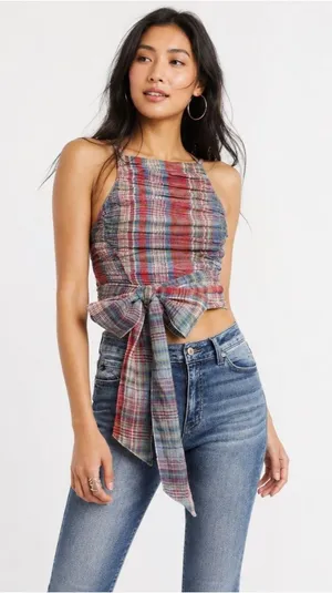 Free People Real Love Crop Top Women’s S Red Blue Plaid Ruched Wrap Y2K Boho thumbnail 1