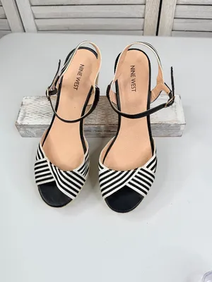 NINE WEST Women's "BREEZE0L1" Striped Espadrille Wedge Sandal Black/White-9.5M thumbnail 5