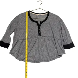 Free People Waffleknit Babydoll Henley Top Gray Black Boho Grunge Oversized M thumbnail 6