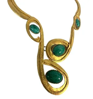 Vintage 14" Unique Gold Tone Tribal Necklace with Green Stones Jade? thumbnail 4