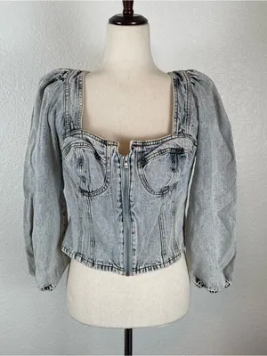 VENUS‎ *Y2K Denim Corset Bustier Crop Top Women’s XL Zip Puff Sleeve Acid Wash thumbnail 2
