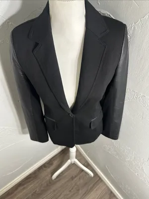 Neiman Marcus Black Leather-Trim Blazer thumbnail 7