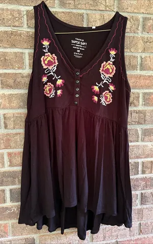 torrid Black Sleeveless V-Neck BsbydollTank with Pink & Yellow Floral Embroidery thumbnail 1