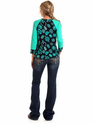 Crazy Train Turquoise Jewelry Print Western Boutique Raglan Top Medium M Cowgirl thumbnail 6