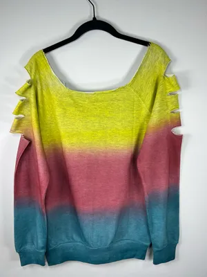 Ombre Cutout Sweatshirt Yellow Pink Blue Wide Neck Slouchy 80s Streetwear Large thumbnail 9