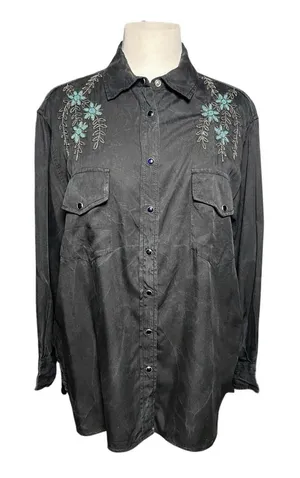 THE KOOPLES Women’s Black Acid Wash Beaded Snap Front Western Shirt thumbnail 1