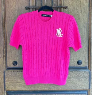 Lauren Ralph Lauren Fuchsia Cable-Knit Short Sleeve Crewneck Sweater Size S thumbnail 1