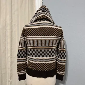 Vans Rare Retro Hooded Cardigan Sweater Brown Checkerboard Geometric Knit Size M thumbnail 3