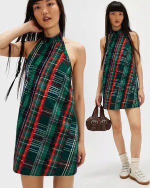 Free People Retro Plaid Cityscape Mini Dress Size Medium Grunge Punk Preppy thumbnail 2