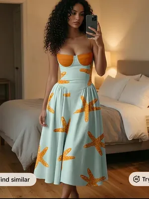 Women’s Starfish Print Sundress in Light/Pale Blue and Orange thumbnail 2