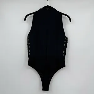 MISHA Collection Black Lace Up Corset Bodysuit Womens Medium High Neck Stretch thumbnail 2