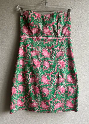Strapless Green and Pink Crab Summer Dress thumbnail 1