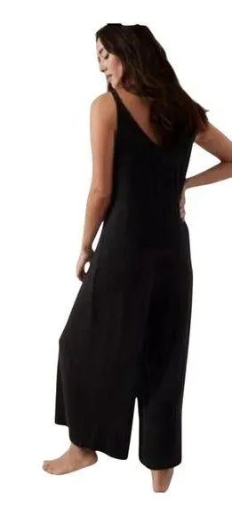 ZARA | M | Double V-Neck Tie Shoulder Wide Leg Black 100% Cotton Lounge Jumpsuit thumbnail 2
