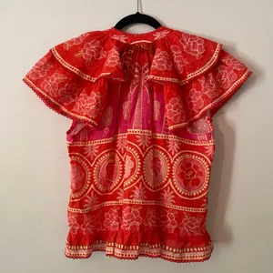 Farm Rio Red Pink Paisley Tropical Floral Blouse Beaded Tassel Boho Resort Small thumbnail 7