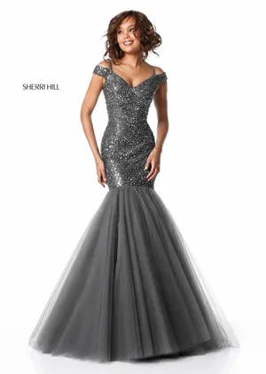Sherri Hill 51446 Gunmetal Beaded Mermaid‎ Gown Size 2 $798 NWT thumbnail 1