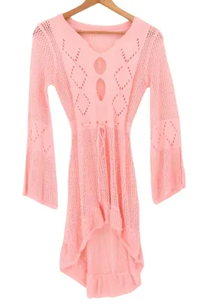 Petal Pink‎ Boho Crochet Coverup Dress Womens Size S Pink Y2K Festival Polyester thumbnail 1