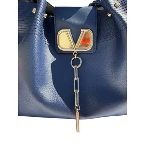 Navy Blue Triple Compartment‎ Tote Bag Classic Elegant Braided Handles Gold Logo thumbnail 3