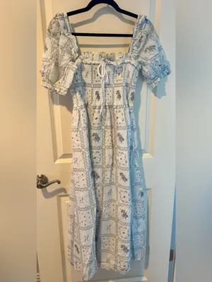 Hill House Scarlett Blue & White Floral Patchwork Midi Nap Dress | S thumbnail 2