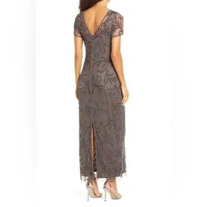 NWT Pisarro Nights Size 8 Beaded Mesh Column Gown Aluminum thumbnail 5