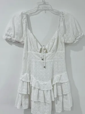 Olivaceous White Eyelet Ruffle Mini Dress Puff Sleeve Size M thumbnail 1