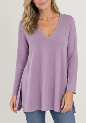 Eileen Fisher Organic Cotton V-Neck Knit Tunic Sweater Women’s Large Purple thumbnail 1