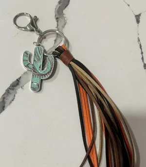 Turquoise Cactus Keychain with Tassel Silver thumbnail 1