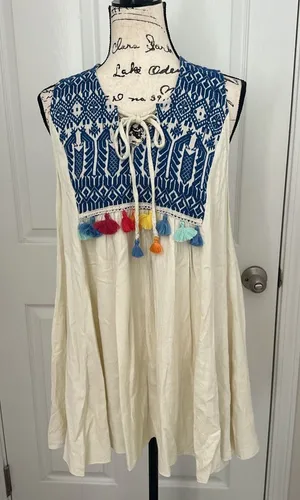 Judith March Cream Dress with Blue Embroidered Yoke and Colorful Tassels thumbnail 1