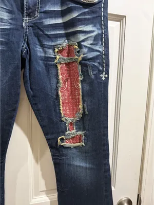 Affliction Jade Women's Distressed Blue Jeans with Red Bandana Patch Size 31 thumbnail 3
