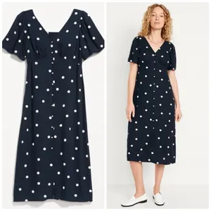 Old Navy M Polka Dot Midi Dress Navy Full‎ Button Front Classic Empire Waist thumbnail 2