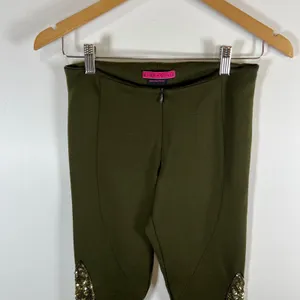 Alice + Olivia Olive Green Sequin Panel‎ Leggings Slim Fit Pants Stretch Green thumbnail 3