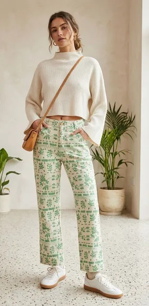 Zara Linen Leaf Print Boho High Rise Lightweight Straight Leg Pants Small thumbnail 1