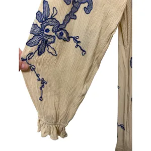 Free People Embroidered Boho Mini Dress Cream Blue Floral V-Neck Peasant Medium thumbnail 3