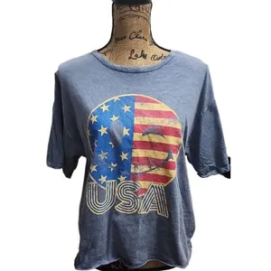 Free Market T-Shirt‎ Womens Size Small Blue Grey Distressed USA Flag Smiley thumbnail 2