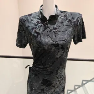 Women Long Cheongsam Dress Floral Flocking Print thumbnail 2