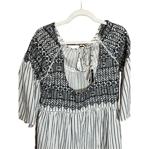 Free People Women's Boho Mini Lola Striped Dress White Black Tiered Embroidered‎ thumbnail 8