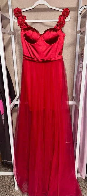 Boutique Red satin and mesh maxi prom dress thumbnail 1