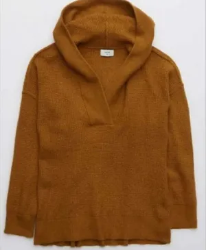 Aerie cozy up brown waffled knit hooded sweater size small thumbnail 1