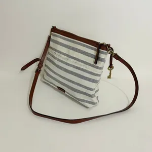 FOSSIL Fiona Blue WhiteStripe Large Crossbody Bag Purse Brown Faux Leather thumbnail 4