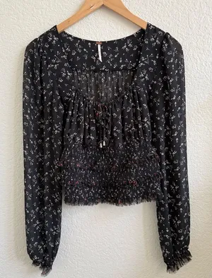 Free People Lolita Long Sleeve Floral Blooms Blouse Black‎ S thumbnail 1