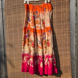 Vintage Y2K 90s Boho Maxi Skirt Tiered Ruffle Floral Macrame Gauzy Rayon India M thumbnail 3