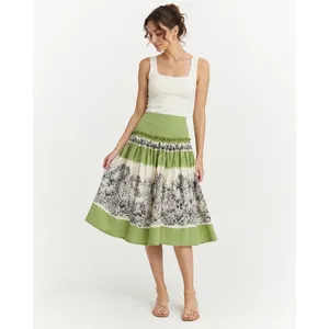 Anthropologie style Green Toile Print Cotton Boho Peasant‎ Skirt Cottagecore thumbnail 2