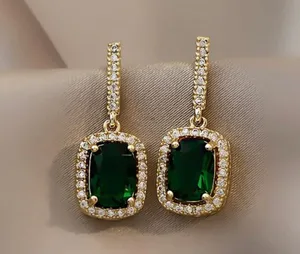 Women's CZ Diamond Green Gemstone Square Emerald Dangle Drop Earrings Gold thumbnail 2