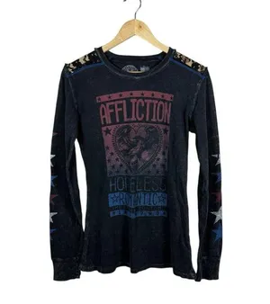VINTAGE Y2K Affliction Breakdown American Thermal Graphic Top Grey/Blue/Red XS thumbnail 9