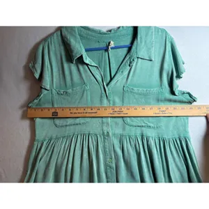 Sodifl Women Green Mineral Wash Babydoll Button Down Peplum Blouse Large thumbnail 5