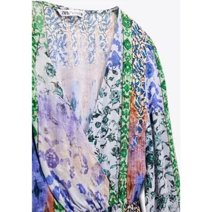 Zara Patchwork Print Maxi Dress‎ Multicolored V-Neck Boho Slit Size M thumbnail 7