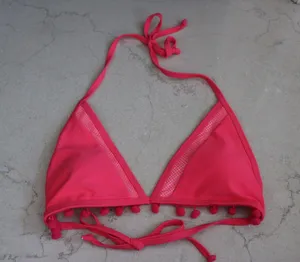 Hot pink triangle pom pom bikini two piece, high waisted bottoms thumbnail 5